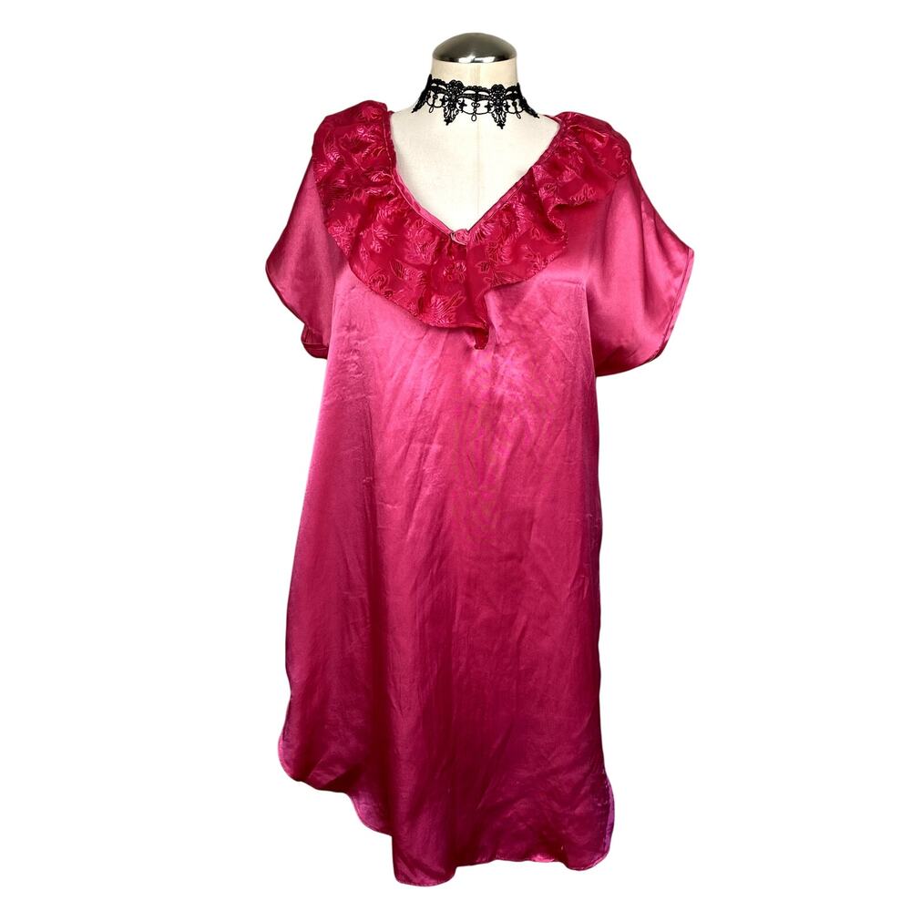 Vtg 80's Ruffle Pink Rose Satin Coquette Romantic‎ Slip Dress Nightgown Sz L